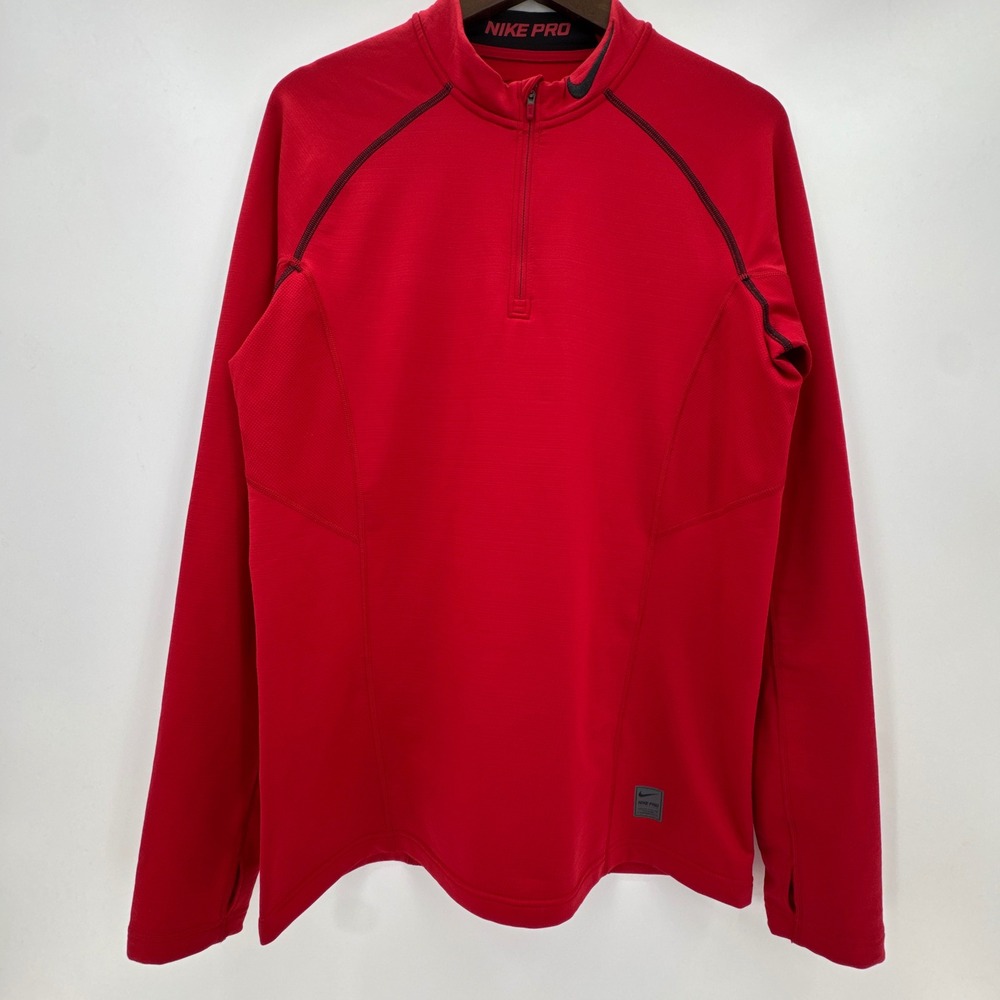 Nike Pro Dri-FIT Top Men Large Red Mock Neck Raglan Sleeve Swoosh Fitted 1/4 Zip